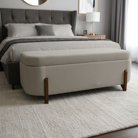 Banco Baú Organizador Estofado Orgânico Milão Peseira 1,40 Bouclê Bege - Vimont Moveis