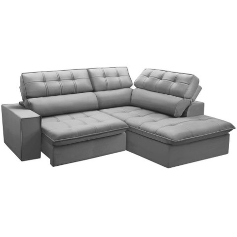 Sofá 3 Lugares Retrátil Reclinável Chaise Direito 243cm Solin F04 Veludo Cinza - Lyam Decor