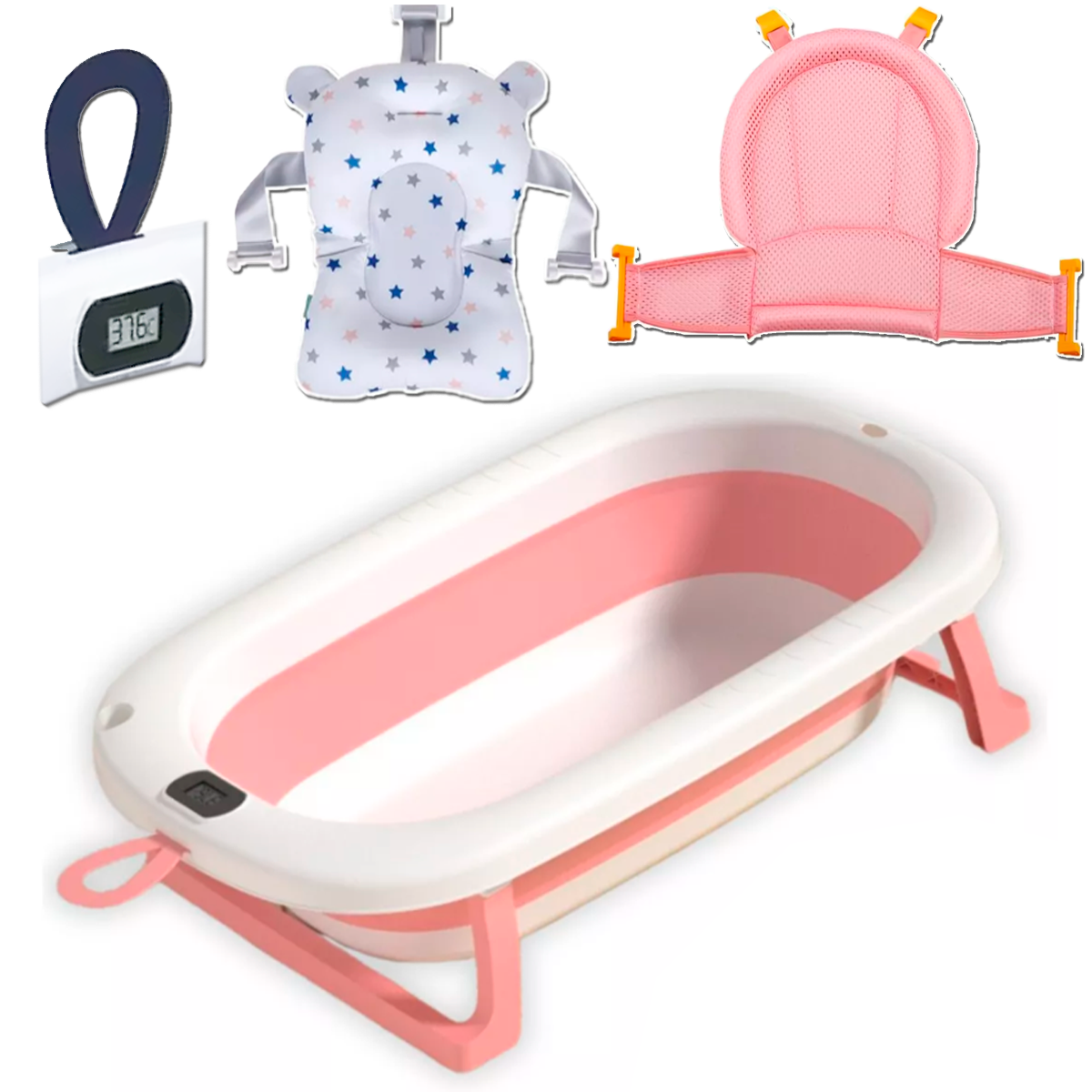 Banheira Retratil para Bebe com Termometro, Rede e Almofada - Pink