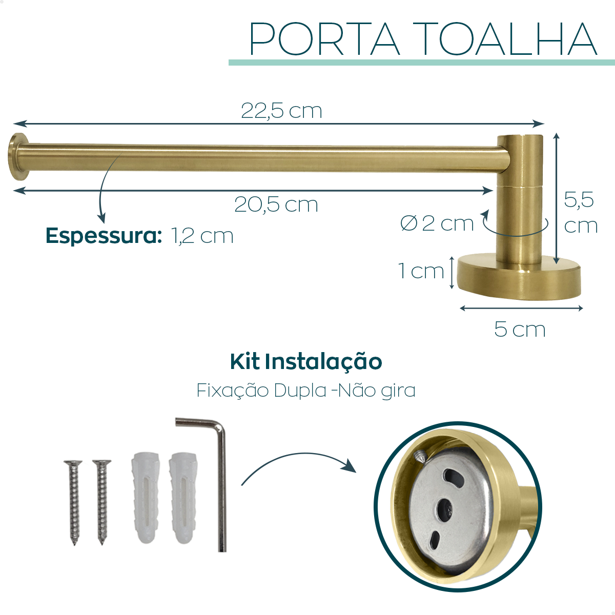 Suporte Porta Toalha Dourado Escovado Toalheiro Inox Porta Toalha de Rosto Acessório Parede Banheiro - 4