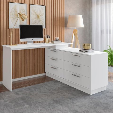 Escrivaninha em L com 6 Gavetas Flex Multimóveis Crrui-ESC006 Branco