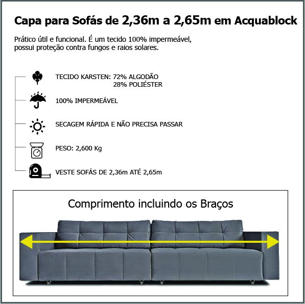 Capa para Sofá Retrátil e Reclinável em Acquablock Impermeável - Veste Sofás de 2,36M até 2,65M - Cru - 3