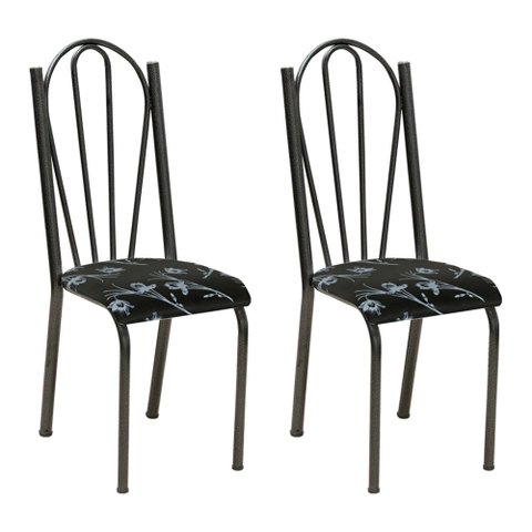 Kit 2 Cadeiras de Cozinha Alasca Estampado Preto Florido Pés de Ferro Cromo Preto - Pallazio
