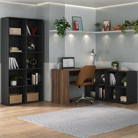 Conjunto 2 Peças com Escrivaninha em L Cubos e Estante Livreiro Preto Ipê