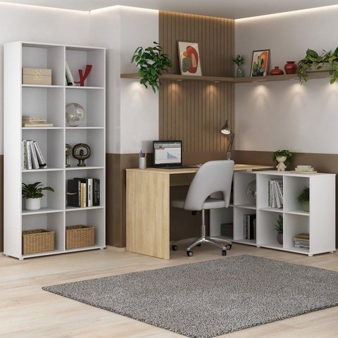 Conjunto 2 Peças com Escrivaninha em L Cubos e Estante Livreiro Branco Carvalho