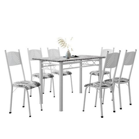 Conjunto de Mesa Sala de Jantar Sara com 6 Cadeiras Tubular Granito 1,40m Artefamol Branco / Floral