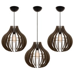 Kit 3 Pendente Lótus Poptem Madeira Lustre Luminária 30cm Sala - 1