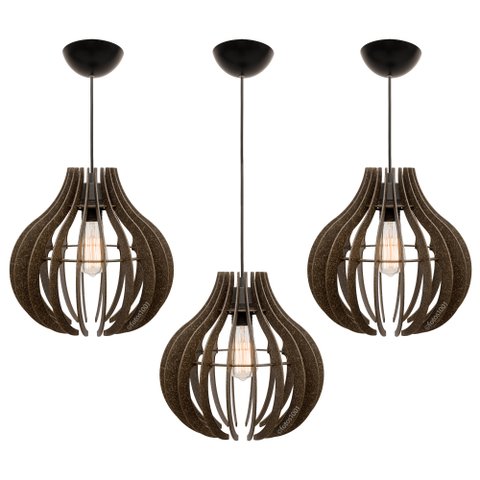 Kit 3 Pendente Lótus Poptem Madeira Lustre Luminária 30cm Sala