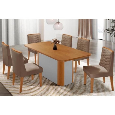 Sala Jantar Mesa Pietá Tampo Curvo 180cm+6 Cadeiras Maldivas Madeira Naturale/off White - Capuccino