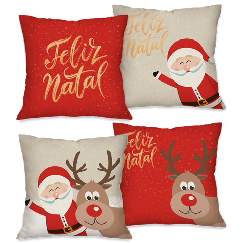 Kit com 4 Capas para Almofadas Natalinas Feliz Natal