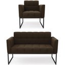 Ver imagem 1 de Sofá Namoradeira e 1 Poltrona Base Industrial Preto Ana Suede Marrom - Ibiza
