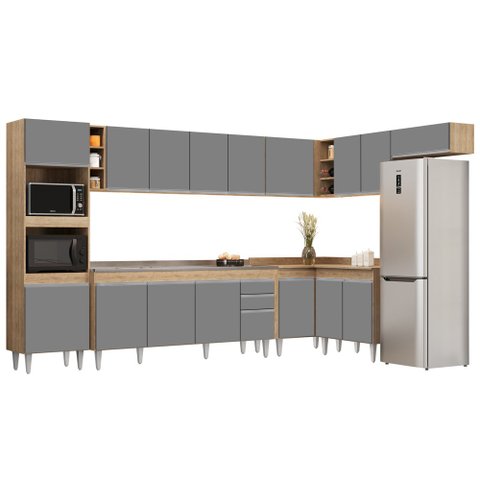 Armário de Cozinha Modulada de Canto 9 Peças CP06 Balcão com Pia Inox Castanho/Cinza - Lumil Lumil M