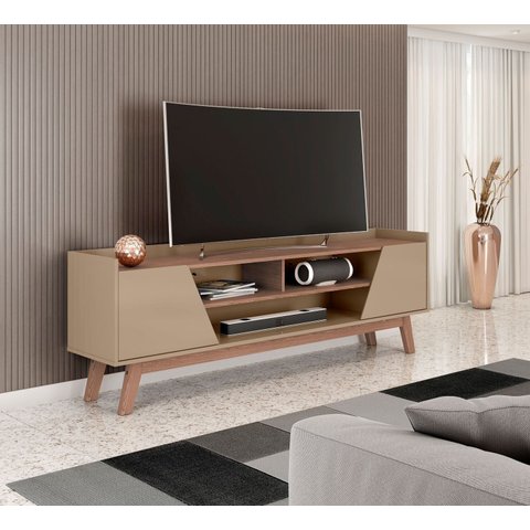 Rack para TV até 65 Polegadas MDF 160cm Pés em Madeira Maciça Turim 2 Portas 1 Prateleira Branco