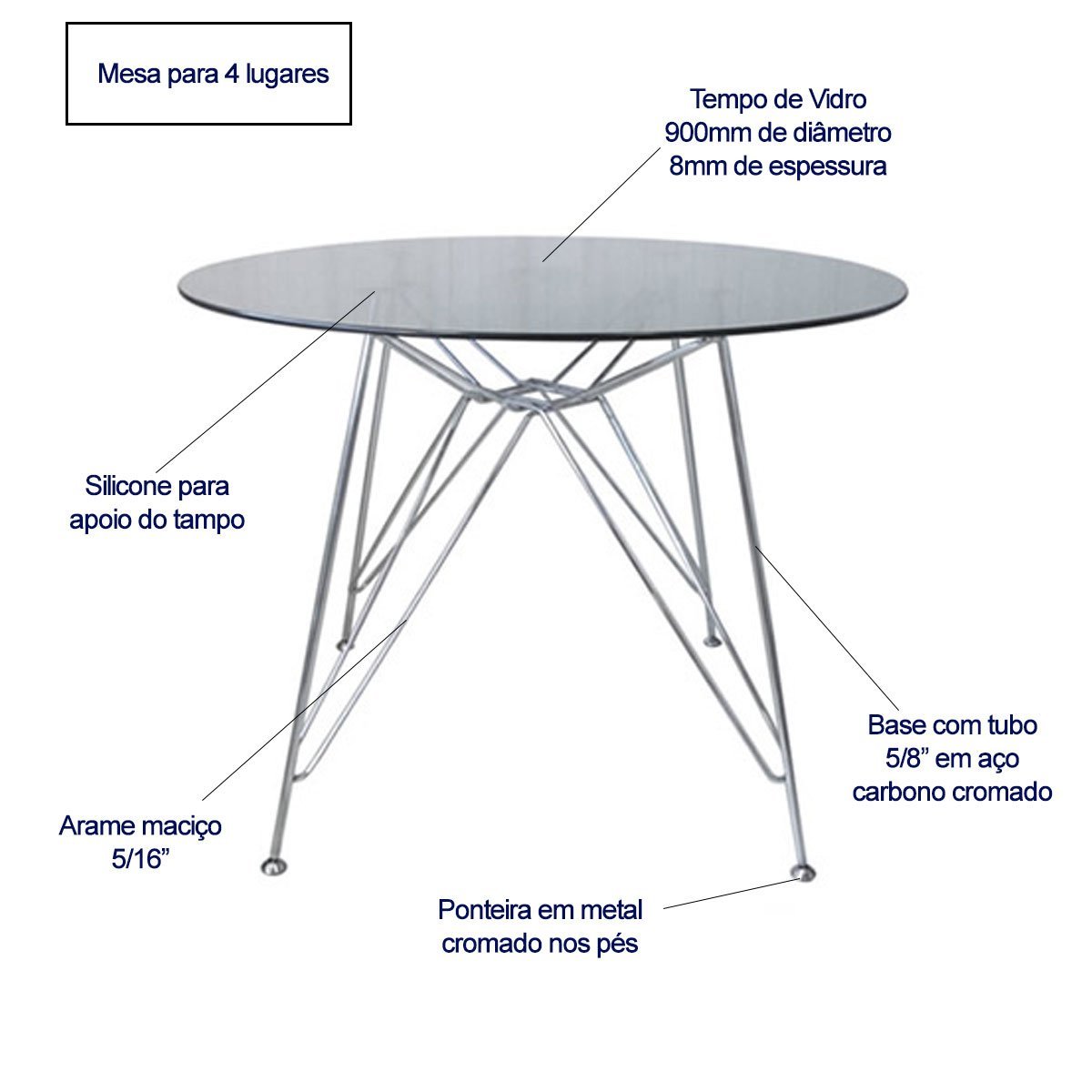 Mesa Eames Ferro Eiffel Cromada de Jantar ou Cozinha para 4 lugares com Tampo de Vidro Redondo 90cm  - 2