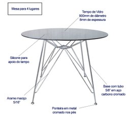 Mesa Eames Ferro Eiffel Cromada de Jantar ou Cozinha para 4 lugares com Tampo de Vidro Redondo 90cm  - 2
