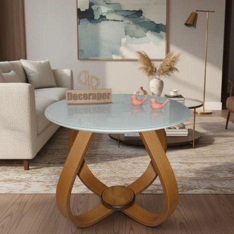 Mesa de Centro Cebola Redonda Vidro MDF Madeira 50cm Off White Decoraper