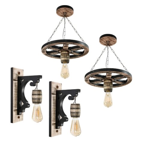 Kit Luminárias em Madeira Maciça - 2 Pendentes Roda de Carroça e 2 Arandelas de Parede - Rústico