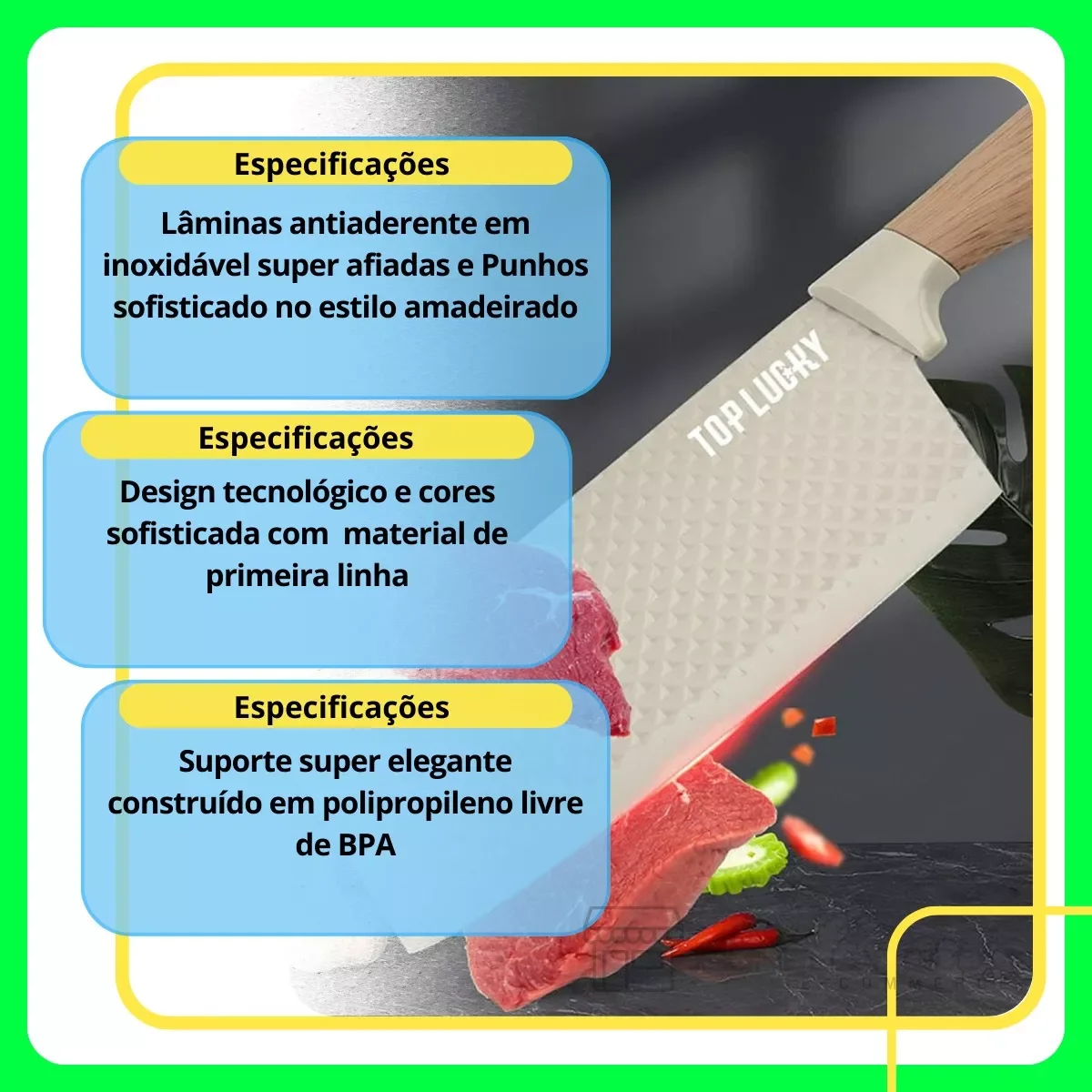 Facas Premium Importada Corte a Laser 6 Peças Linha Luxo:verde - 8