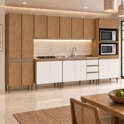 Cozinha Completa Paris 6 Peças Menu Móveis Freijó/Branco