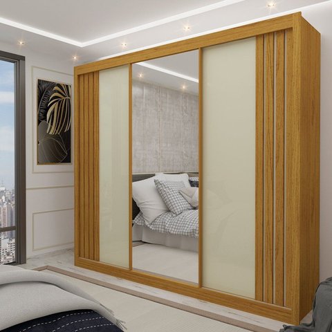 Guarda-Roupa Casal 3 Portas com Espelho Santorini Ripado 100% MDF