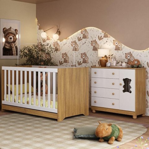 Berço Americano 3 em 1 com Cômoda 1 Porta 4 Gavetas Fofura Multimóveis Mp4724 Madeirado/branco