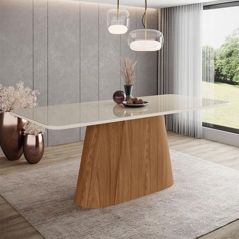 Mesa de Jantar Olivia Ambiente 200 Cm Canto Arredondado com Vidro Nature Off White – Henn