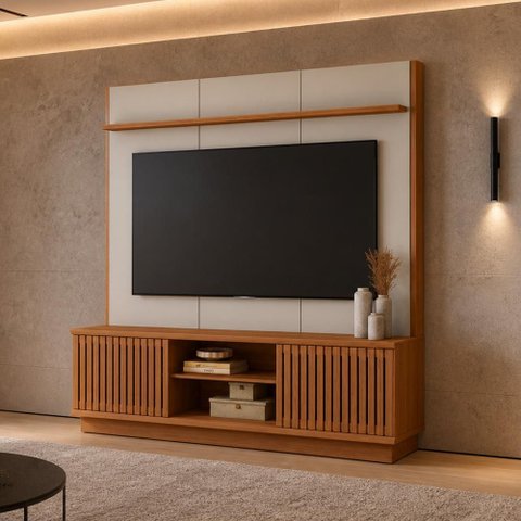 Estante Painel para TV 75 pol 180cm Michaelis L05 Canela Off White Fosco - Lyam Decor