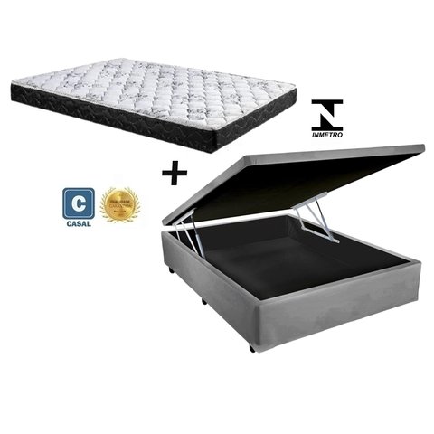 Cama Baú Casal Cinza Suede + Colchão Espuma D28 138x188x17