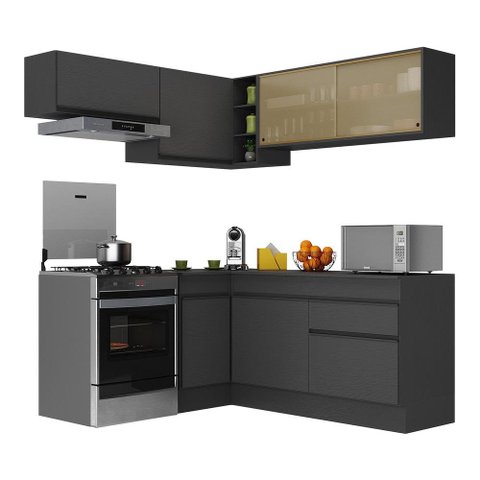 Armário de Cozinha Completa de Canto com Rodapé Veneza Multimóveis V2094 Preto