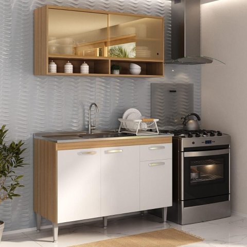 Kit Armário Cozinha Compacta 120cm com Balcão para Pia Paris Multimóveis MP2232 Rustic/Branco