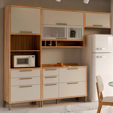 Armário de Cozinha Modulada com Balcão e Tampo 7 Portas 5 Gavetas Ágata 100% Mdf Vidro Reflecta Amên