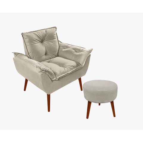 Kit 01 Poltrona Opala Decorativa Suede + 01 Puff Redondo Decorativo