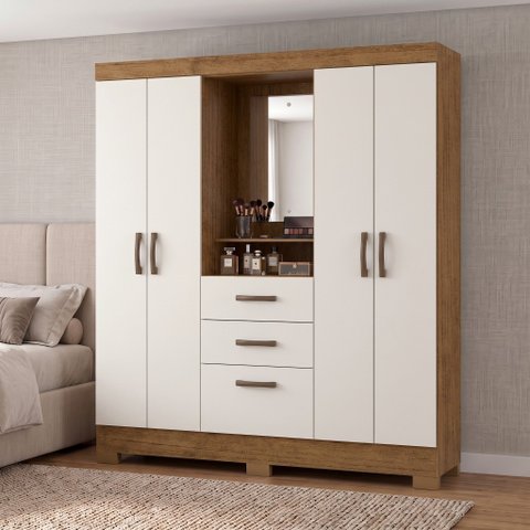 Guarda-Roupa Solteiro Capelinha com Espelho 4 Portas, 3 Gavetas e Pés Mirabilis Cinamomo/Off White