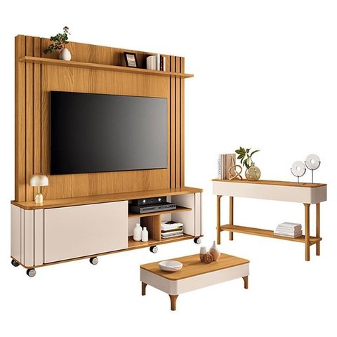 Estante Home Theater Trinus Cinamomo Off White com Mesa de Centro Liz e Aparador Fiero Off White