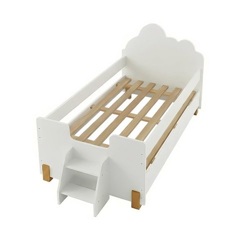 Cama Solteiro Lorena com Cabeceira Nuvem Escadinha e Proteção Lateral para Quarto Infantil - Branco