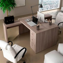 Conjunto Escritório Completo Com 2 Mesas em L e 6 Gavetas Cor: Carvalho - 1