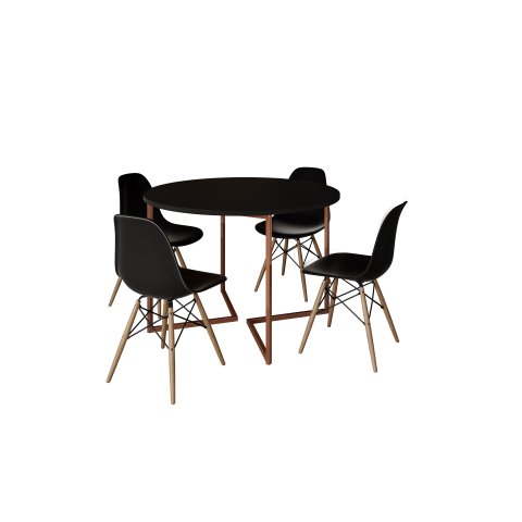 Mesa Industrial Base Ferro Cobre em V Tampo 110cm Preto 4 Cadeiras Eames Madeira Assento Preto