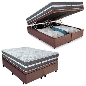 Cama Box Baú Casal Bipartido Sintético + Colchão Anjos Black Graphite Molas Ensacadas 138x188x64cm C