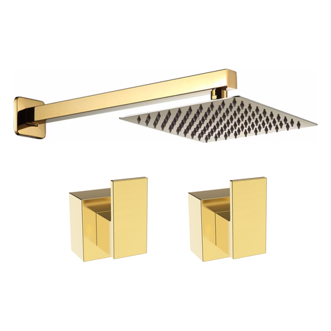 Kit Ducha Quadrada 20x20 Slim Ultra Fina e 2 Acabamentos P/ Registro Base Deca de 1/2 ou 3/4 Dourado