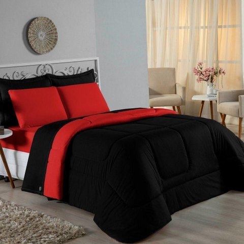 Kit Edredom Dupla Face + Jogo de Lençol Casal Nobre 6 Peças Malha 100% Algodão - Preto / Vermelho