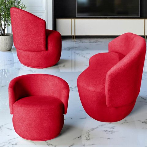 Kit Namoradeira + 2 Poltronas Decorativa Beatriz Orgânica Suede Vermelho