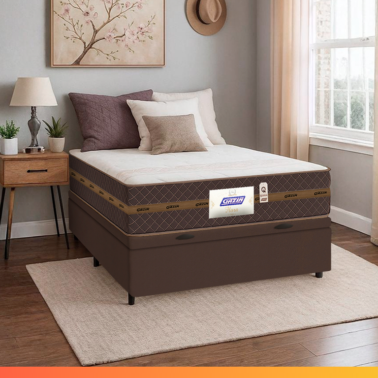 Cama Box Casal Baú Colchão Gazin Molas Flora Marrom / Branco