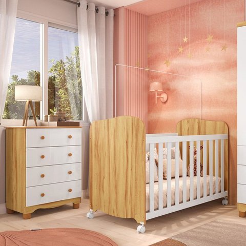 Quarto de Bebê Cômoda 4 Gavetas e Berço Mimo MDF Espresso Móveis Branco Brilho/Amêndoa
