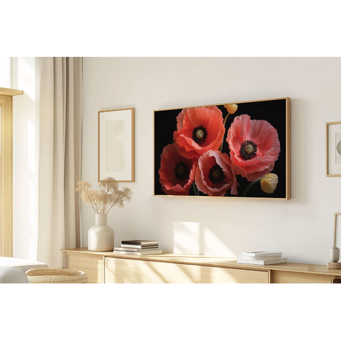 Quadro Decorativo N°176 140x80cm - Panorâmico - Flores Papoulas Coral - Madeira Clara - Rollflex