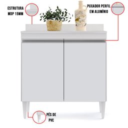 Balcão Armário de Cozinha Pia Lavanderia com Tampo 2 Portas Sara Branco 80 Cm - D’Rossi - 4