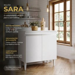 Balcão Armário de Cozinha Pia Lavanderia com Tampo 2 Portas Sara Branco 80 cm - D’Rossi - 2 Balcão Armário de Cozinha Pia Lavanderia com Tampo 2 Portas Sara Branco 80 cm - D’Rossi - 2