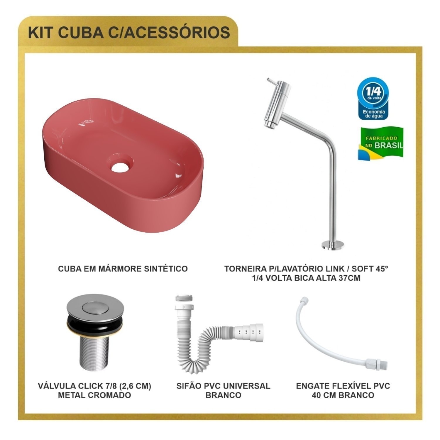 Kit Cuba Ov42 Laila com Torneira Link 1062 e Válvula Botão com Sifão e Flexível - 10