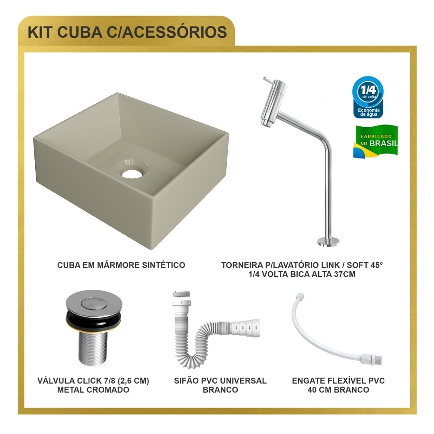 Kit Cuba Rt30 Riviera com Torneira Link 1062 e Válvula Botão com Sifão e Flexível - 10