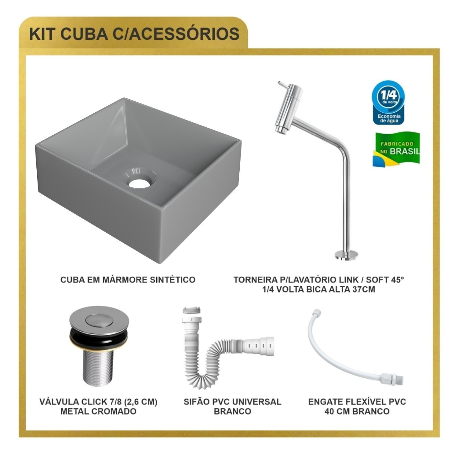 Kit Cuba Rt30 Riviera com Torneira Link 1062 e Válvula Botão com Sifão e Flexível - 10