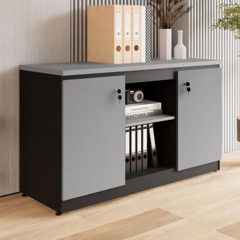 Armário Baixo Escritório 2 Portas 3 Prateleiras MDP 120cm Cinza Sagrado F5 Office